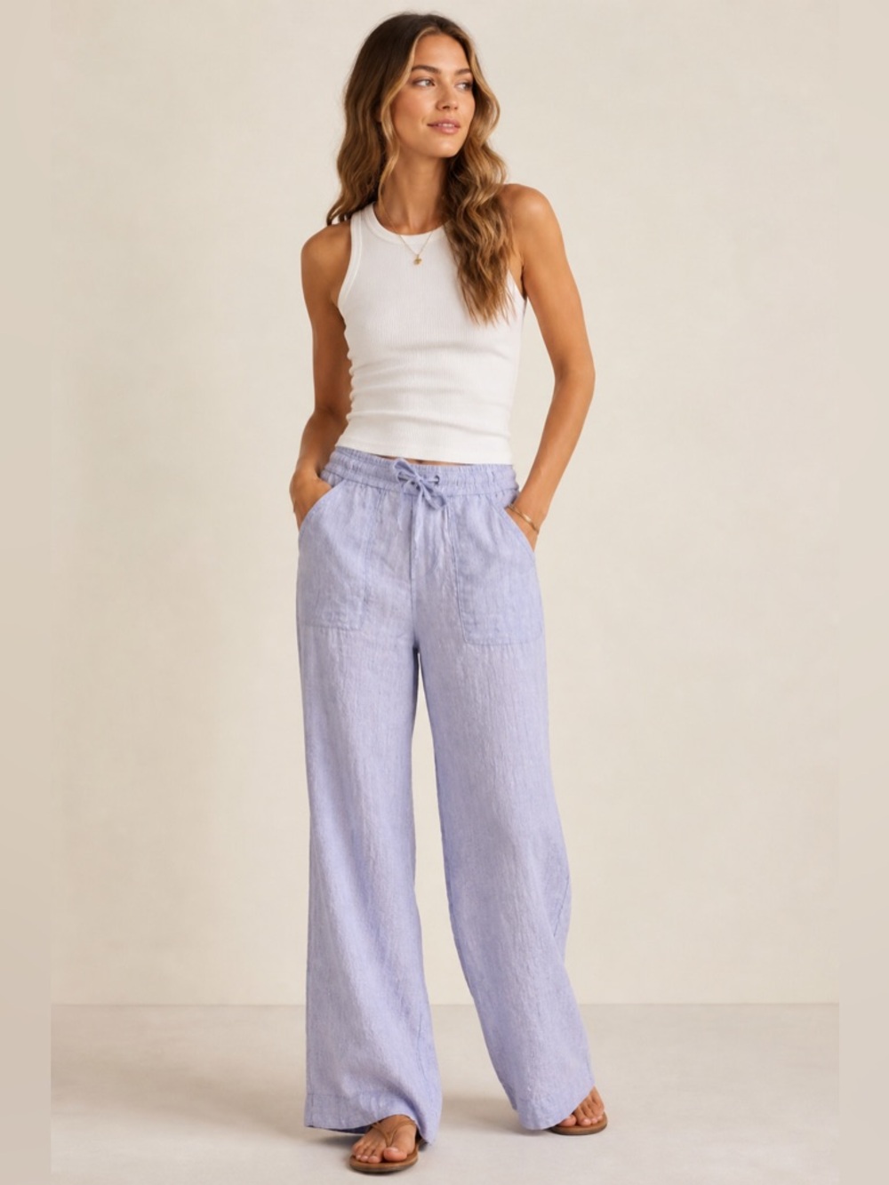 Sigrid Olsen 100% Linen Wide Leg Coastal Resort Pants Blue Small